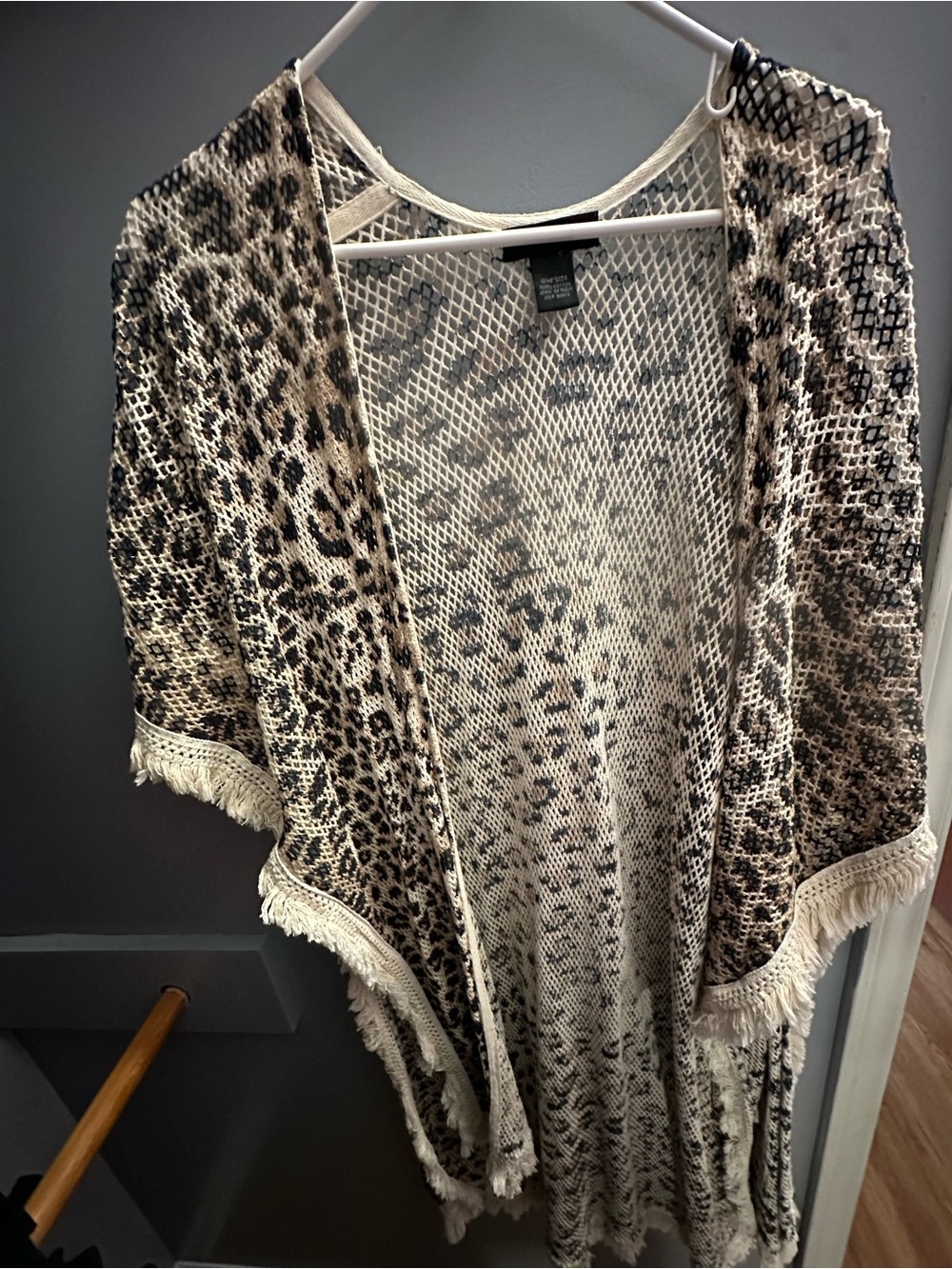 Steve Madden Cream and Black Leopard-Print Fringe Open Cardigan